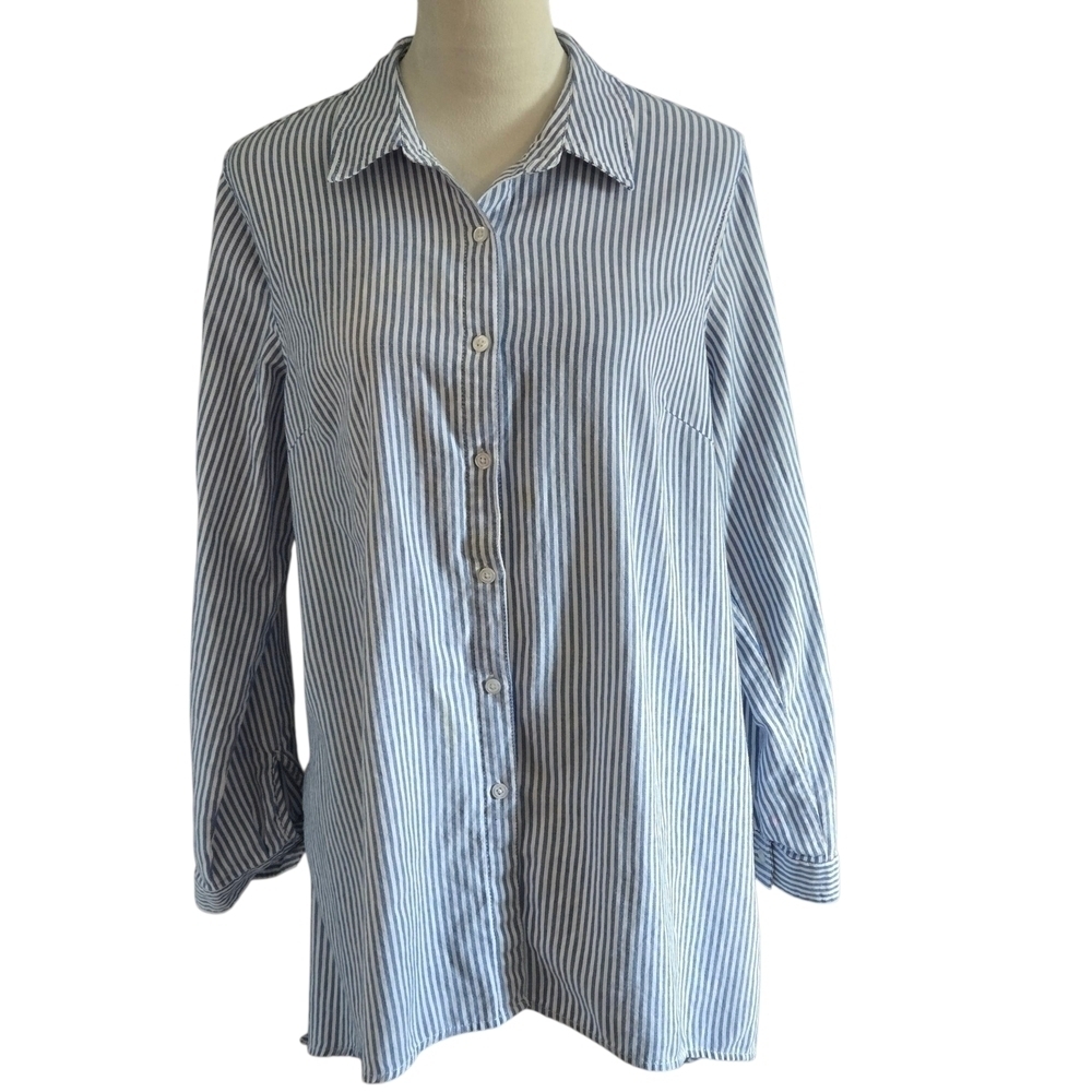 ZAC & RACHEL Women's XL Blue and White Striped Shirt Roll Tab Sleeves